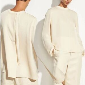 Vince Sandalwood Ivory Silk Rib Trim Blouse Top Professional Womens Large